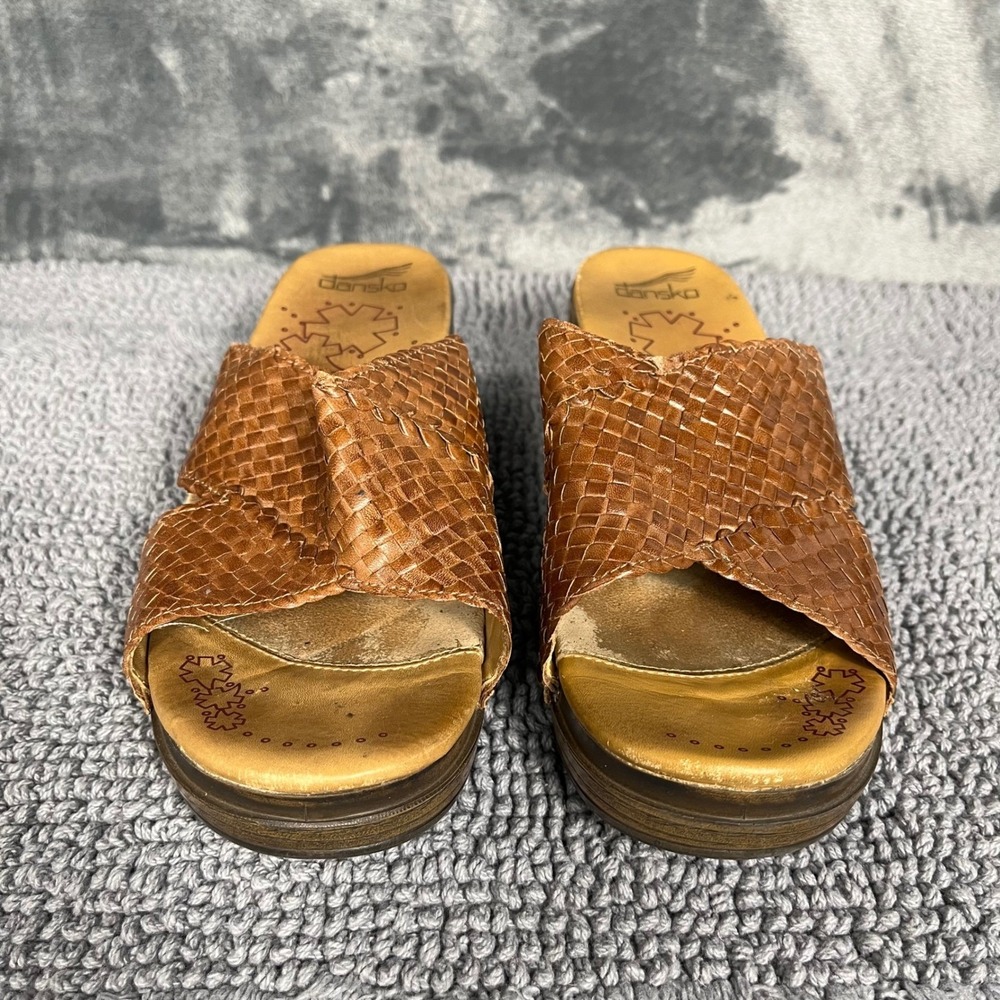 Dansko Women Leather Slide Sandals Brown Clog Wedge Brass Studs Size 37 US 6.5-7
